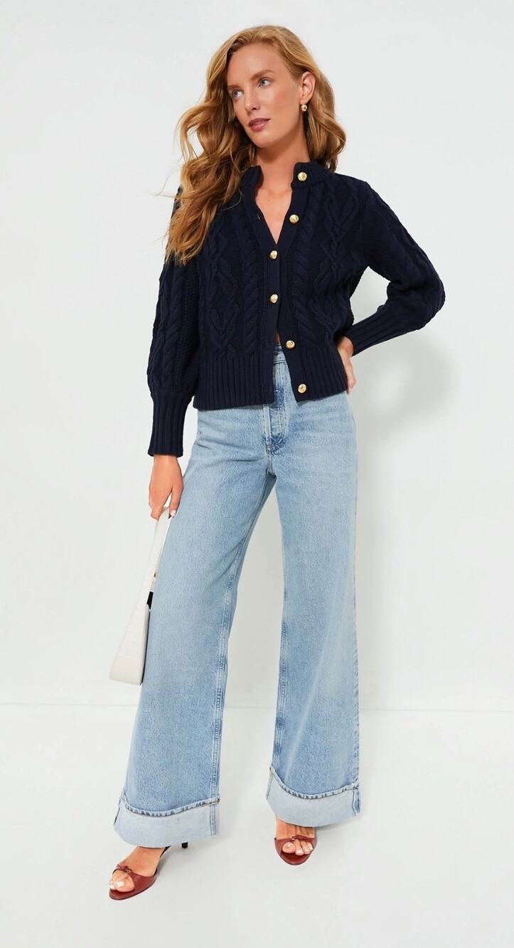 Tuckernuck Colette Navy Blue Cable Knit Cardigan Sweater Cotton Blend Size M